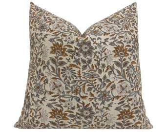 NAOMI || Designer Floral Linen Pillow Cover, Brown and Gray Floral Pillow Cover, Block Print Linen Pillow, Small Floral Pillow