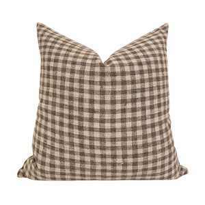 MABEL  || Designer Brown Gingham Linen Pillow Cover, Check Pillow, Gingham Pillow, Brown Pillow, Farmhouse Pillow, Brown and Cream