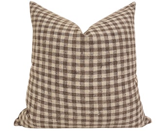 MABEL  || Designer Brown Gingham Linen Pillow Cover, Check Pillow, Gingham Pillow, Brown Pillow, Farmhouse Pillow, Brown and Cream