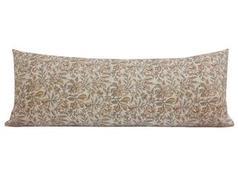 LORELIA || Designer Floral Linen Pillow Cover, Green and Rust Floral, Block Print Pillow, Neutral Pillow, Neutral Floral Pillow, Lumbar