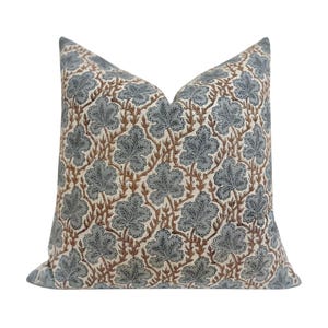 ELM || Designer Floral Linen Pillow Cover, Blue Floral Pillow Cover, Block Print Linen Pillow, Large Floral Pillow, Spring Pillow Cover