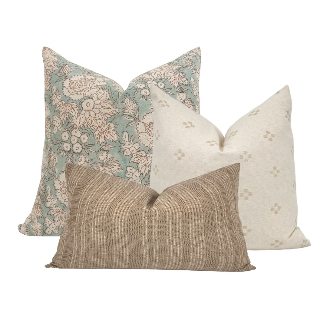 PILLOW COMBO Set of Three Pillow Covers, Blue Floral Linen, Brown