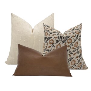 PILLOW COMBO Set of Three Designer Pillow Covers Beige Striped Pillow Rust Floral Linen Pillow Faux Leather Lumbar Leather Pillow Etsy