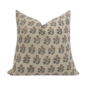 GWYNETH || Designer Floral Linen Pillow Cover, Brown and Green Floral Pillow Cover, Block Print Linen Pillow, Small Floral Pillow
