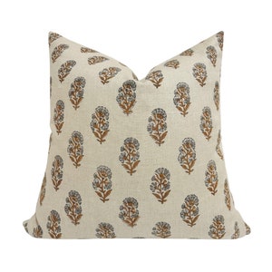 ADELINE || Designer Floral Linen Pillow Cover, Beige Linen Floral, Block Print Pillow, Blue Flower Pillow, Spring Pillow