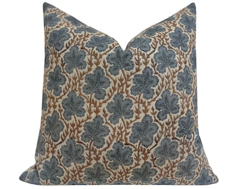 ELM || Designer Floral Linen Pillow Cover, Blue Floral Pillow Cover, Block Print Linen Pillow, Large Floral Pillow, Spring Pillow Cover