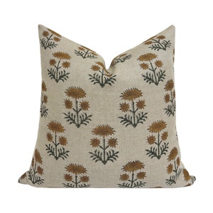 KAYLEE || Designer Floral Linen Pillow Cover, Beige Floral Pillow Cover, Block Print Linen Pillow, Large Floral Pillow, Brown Floral, Spring