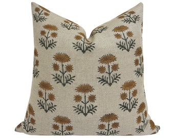 KAYLEE || Designer Floral Linen Pillow Cover, Beige Floral Pillow Cover, Block Print Linen Pillow, Large Floral Pillow, Brown Floral, Spring