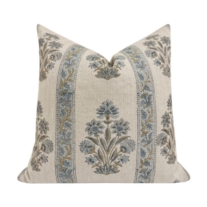 NORAH || Designer Floral Linen Pillow Cover, Slate Blue Floral Pillow Cover, Block Print Linen Pillow, Large Floral Pillow, Spring Pillow