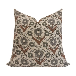 MAUDE || Designer Floral Linen Pillow Cover, Gray and Brown Pillow, Hand Block Print Pillow, Floral Linen Pillow, Large Floral, Sofa Pillow