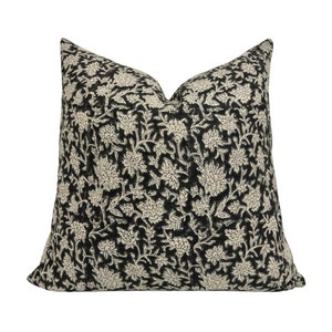 WALKER || Designer Floral Linen Pillow, Black Floral Pillow, Block Print Pillow, Block Linen Pillow, Vintage Inspired Pillow