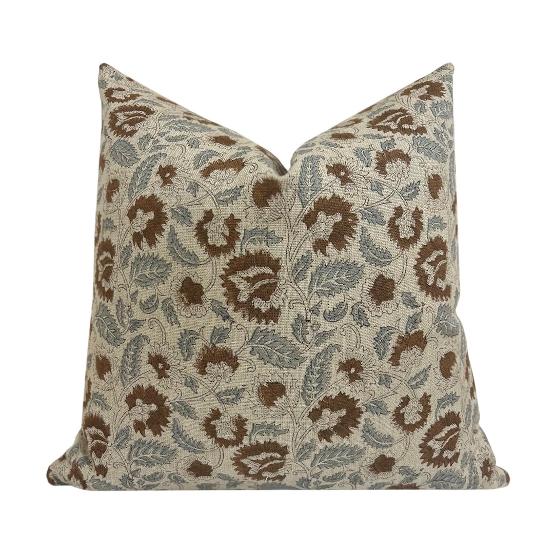 Nelly Designer Floral Linen Pillow Cover, Brown and Blue Floral Pillow Cover, Block Print Linen