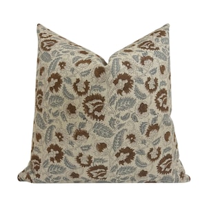 Nelly || Designer Floral Linen Pillow Cover, Brown and Blue Floral Pillow Cover, Block Print Linen Pillow, Small Floral Pillow, Fall Pillow