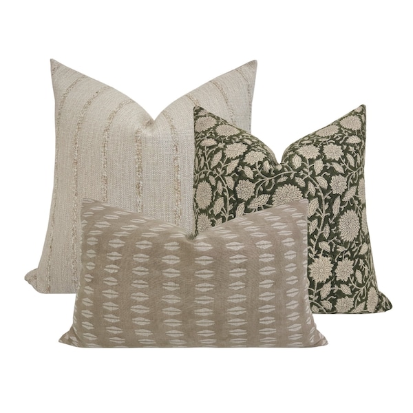 PILLOW COMBO || Set Of Three Pillow Covers, Cream Woven Striped, Green Floral, Tan Block Print, Sofa Pillow Set, Pillow Combo