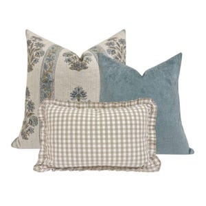 PILLOW COMBO || Set Of Three Designer Pillow Covers, Blue Floral, Blue Pillow, Taupe Check Pillow, Sofa Combo