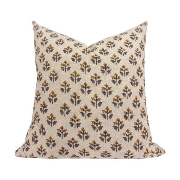MARGO || Designer Floral Linen Pillow Cover, Brown and Sage Floral Pillow Cover, Block Print Linen Pillow, Small Floral Pillow