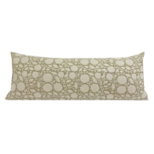 IRIS || Designer Floral Linen Pillow Cover, Light Olive Green Floral Pillow Cover, Block Print Linen Pillow, Floral Pillow