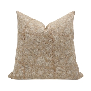 TULLULAH || Designer Floral Linen Pillow Cover, Tan Handblock Pillow, Block Print Pillow, Floral Handblock Pillow, Cream Floral Pillow