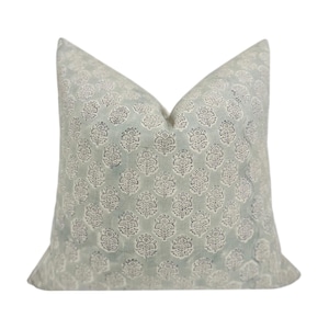 CORA || Designer Floral Linen Pillow Cover, Blue Floral Pillow Cover, Block Print Linen Pillow, Floral Pillow, Light Blue Floral Pillow