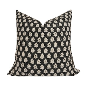 JETT || Designer Floral Linen Pillow Cover, Black Floral Pillow Cover, Block Print Linen Pillow, Small Floral Pillow