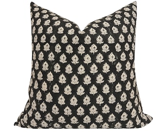 JETT || Designer Floral Linen Pillow Cover, Black Floral Pillow Cover, Block Print Linen Pillow, Small Floral Pillow