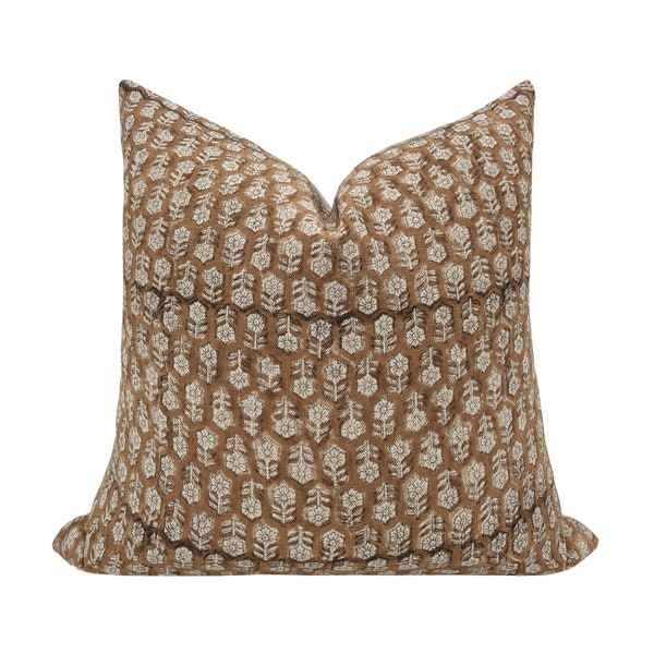 VIENNA || Designer Floral Linen Pillow Cover, Brown Caramel Pillow, Block Print Pillow, Block Linen Pillow, Vintage Inspired Pillow Cover