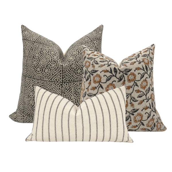 PILLOW COMBO || Set Of Three Designer Pillow Covers, Black Block Print Linen Pillow, Rust Floral Linen Pillow, Black Striped Lumbar