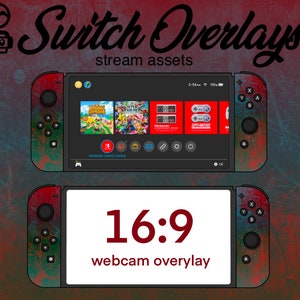以下が含まれることがあります： 赤と緑のNintendo Switchコンソールに、16:9のウェブカメラオーバーレイが重ねられています。コンソールは、赤と緑の背景に、「Switch Overlays」と「stream assets」のテキストが書かれています。