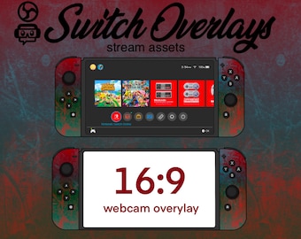 May include: A red and green Nintendo Switch console with a 16:9 webcam overlay. The console is on a red and green background with the text "Switch Overlays" and "stream assets".