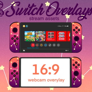 Puede incluir: Una consola Nintendo Switch de color morado y naranja con un diseño de constelación. La pantalla muestra un menú de juego con el texto "Nintendo Switch Online". El texto "16:9 webcam overlay" se muestra sobre un fondo blanco.