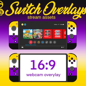 Peut inclure: Une console Nintendo Switch de couleur violette, blanche et jaune avec un recouvrement de webcam 16:9. La console est sur un fond jaune et violet. Le texte "Switch Overlays" est écrit en jaune au-dessus de la console.