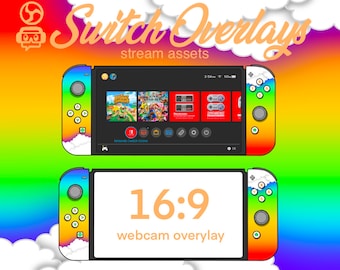 May include: A rainbow-colored Nintendo Switch console with a 16:9 webcam overlay. The console has a white cloud design on the sides and a colorful button layout. The screen displays the text "Nintendo Switch Online" and "16:9 webcam overlay".
