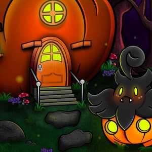 May include: A cartoon pumpkin house with a door and a window. A small, black, pumpkin-shaped creature with glowing eyes stands in front of the house.