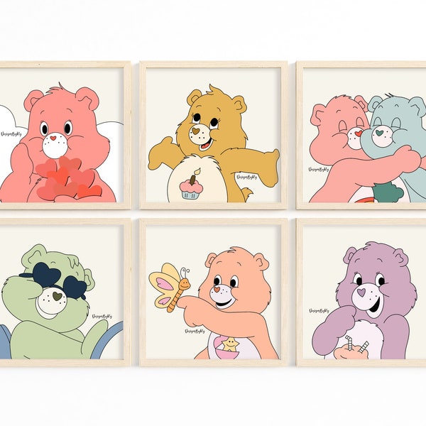 Care Bear Art Set of 6, Care Bears Wall Decor, Wall Art, Wall Art Decor, Wall Prints, Care Bears Illustration