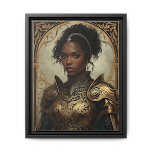 May include: A framed canvas print featuring a portrait of a woman in ornate golden armor. The artwork showcases intricate details in gold and black, set against a soft, neutral background. The woman has dark curly hair and is adorned with delicate jewelry.