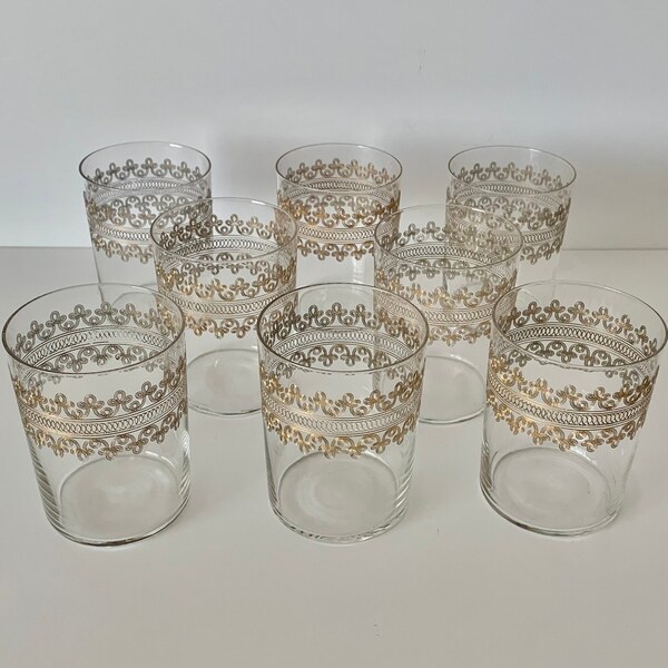 Rare Central Glass Works Set of 8 Needle Etched Gilded Small Tumblers Clear Optic Glass Scrolled Prohibition Era Barware