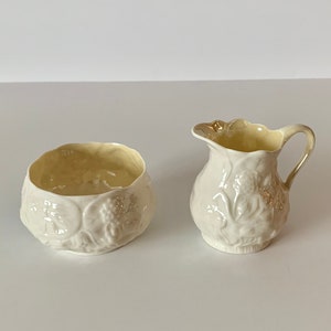 Vintage Belleek Lotus Creamer and Sugar Set: Embossed Parian China, Made in Ireland
