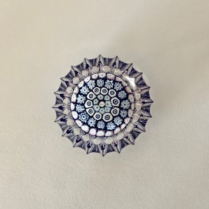 St Kilda Piecrust Shape Fluted Blue and White Millefiori Glass Paperweight on Blue Ground John Deacons Crieff Scotland Circa 1978 - 1983