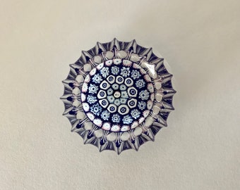 St Kilda Piecrust Shape Fluted Blue and White Millefiori Glass Paperweight on Blue Ground John Deacons Crieff Scotland Circa 1978 - 1983