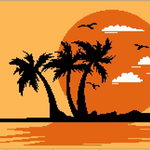May include: Silhouette of three palm trees on a small island with a large orange sun setting behind them. The sky is a light orange color and there are white clouds in the sky.