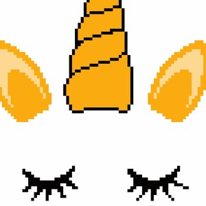 May include: A pixel art illustration of a unicorn with a golden horn and ears. The unicorn has closed eyes and eyelashes.