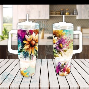 Colorful Floral 40 OZ Tumbler With Handle | Sublimation 40 OZ Tumbler | Holographic Tumbler | Flower Tumbler | 40OZ Tumbler With Handle