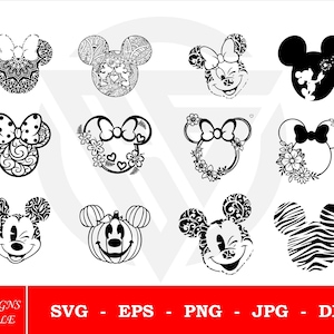 Paquete de cabeza de Mickey SVG, cabeza de ratón svg, flor svg, paquete de viaje familiar svg, cabeza de minnie svg, silueta de mickey svg, regalo de Disneyland svg