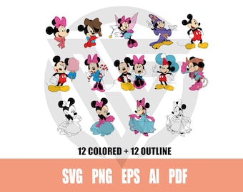 Layered Mickey Minnie Bundle Svg, Mickey Mouse Minnie Mouse Outline, Mickey Mouse Minnie Mouse Clipart Coloring Pages, Mickey Cricut File