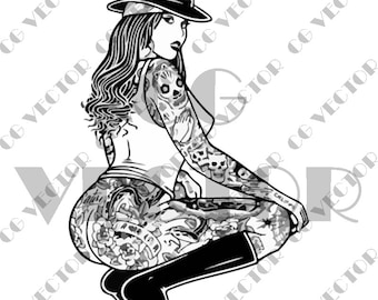May include: A black and white illustration of a woman with a skull and floral tattoos wearing a hat and posing with her legs crossed.