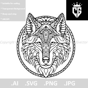 Wolf Mandala Illustration Animal Sticker Bandanna Carte Cadeau Masque Tatouage Autocollant Art Design Logo SVG PNG JPG Clipart Vector Cut Cutting File