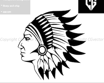 May include: Black and white silhouette of a Native American man wearing a headdress with feathers. The image is suitable for scaling and has a transparent background.
