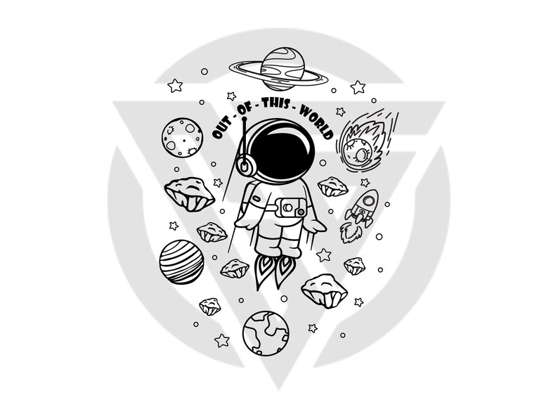 May include: Black and white illustration of an astronaut floating in space with planets, stars, and a comet. The text "OUT-OF-THIS-WORLD" is written around the astronaut.