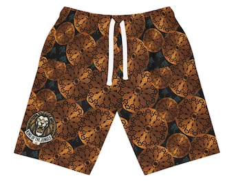 Brown Mandala Pattern Athletic Long Shorts | Geometric Floral Swim Trunks