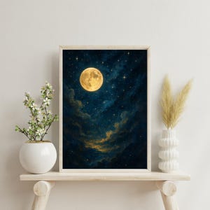 Mond und Sterne Druck, verträumter Sternenhimmel, blau goldener Vollmond Poster, verträumter Sternenhimmel Druck, Sternenhimmel Poster zum Ausdrucken